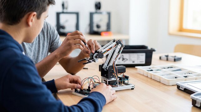 Teenage students assembling a robotic arm kit with electronic components in a modern classroom, learning about engineering and programming concepts together.