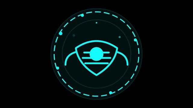 Futuristic cyber security hud interface with glowing cyan shield icon and digital radar circles animation on black background