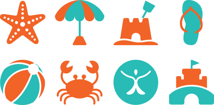 Summer beach and ocean icons featuring colorful starfish, umbrella, sand bucket, flip flops, beach ball, crab, and sand dollar.