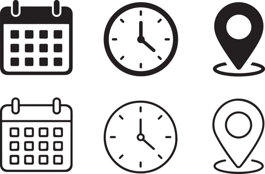 Black calendar clock and map location icons in solid and line styles