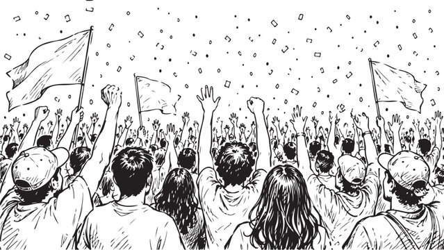 Crowd of happy people cheering with flags and confetti illustration