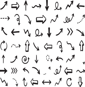 Set of hand drawn black arrows pointing in many different directions