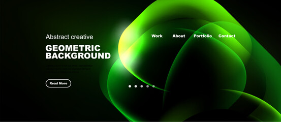Fototapeta na wymiar Abstract green design features flowing shapes, text elements, navigation menu. Modern aesthetic suitable website header or banner.