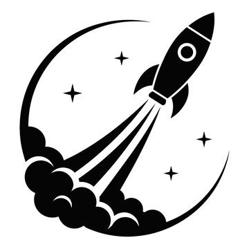 Black silhouette of a rocket ship launching with a circular star trail and smoke against a white background
