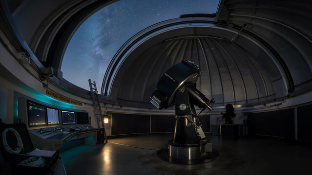 Panoramic View Inside A Large Observatory Dome With A Telescope And Starry Sky Visible