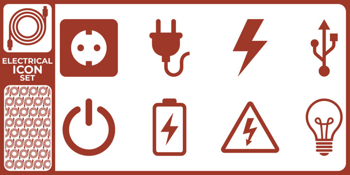 Electrical icon set including power plugs outlets lightning bolts batteries and warning signs on a red background
