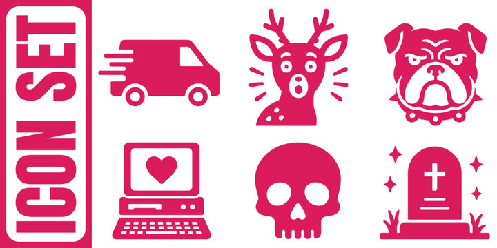 Collection of pink icon set featuring a van deer pug laptop skull tombstone and spooky design elements on white background