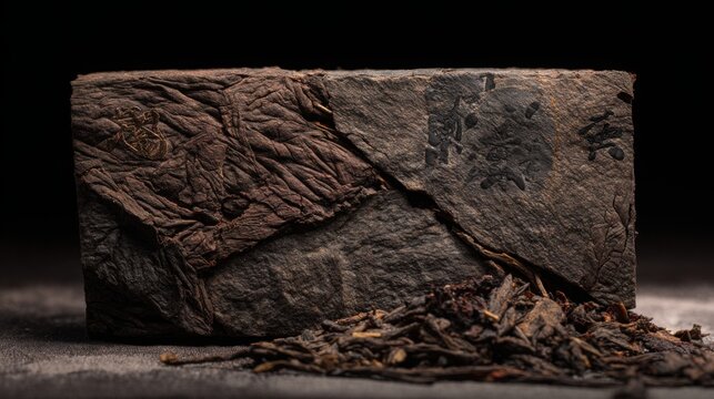 Luxury aged shu pu erh tea brick with broken corner exposing compressed fermented leaves, dark stone background, premium collector s tea photography