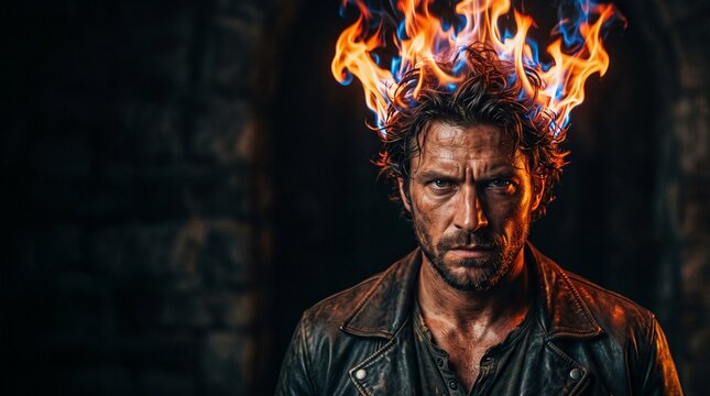 Man with Flaming Hair in Dark Environment