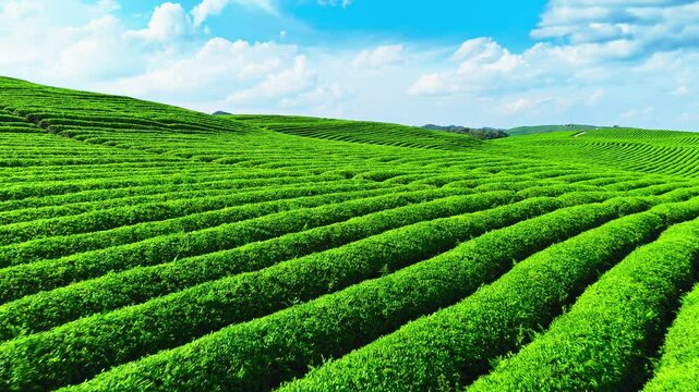 Vibrant green tea plantation terraced across rolling hills under a bright blue sky with fluffy white clouds.