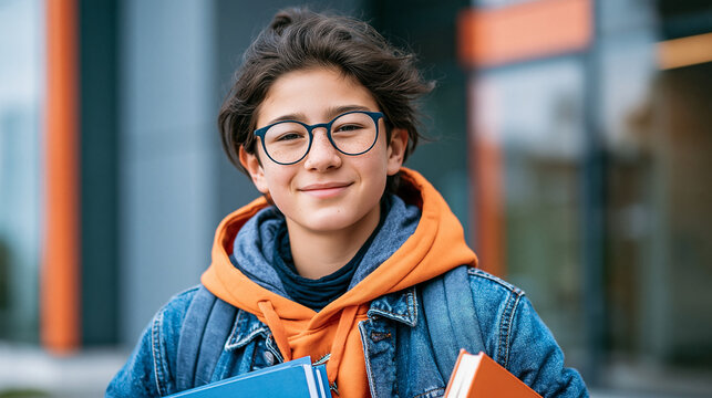 Confident middle school student smiling outdoors. Young teen with glasses and denim jacket posing in urban setting.