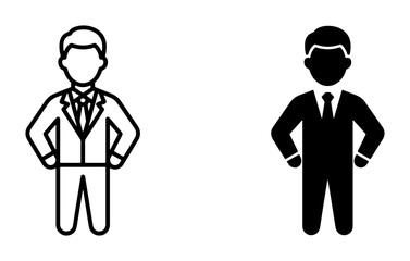 Obraz premium Business Man Icons, Professional Male Figure Silhouettes, Corporate Employee Vector Graphics, Formal Attire Outline and Solid Styles
