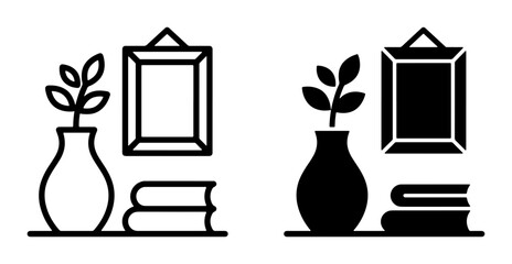 Minimalist Home Decor Icons, Vector Set: Vase with Plant, Framed Art, Stacked Books, Shelf, Line Art and Solid Fill Styles for Interior Design and Lifestyle Graphics © Rahit