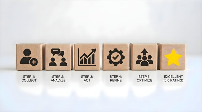 Six steps to excellent five-star rating with wooden blocks.