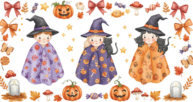 Watercolor illustration of three cute children dressed as little witches and wizards surrounded by pumpkins candy and festive autumn decorations