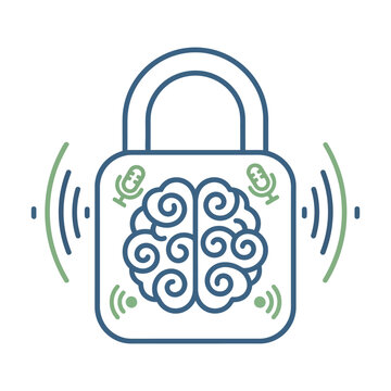 Cybersecurity brain lock icon, digital privacy and mental health protection vector, secure artificial intelligence and encryption concept