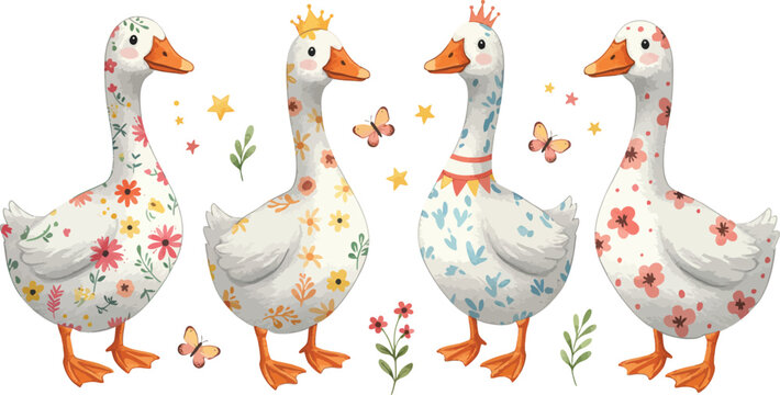 A charming collection of four cute white geese decorated with colorful floral patterns in a whimsical watercolor style isolated illustration