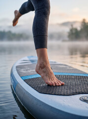 Fototapeta premium Athletic Woman Balance on SUP Board on Serene Foggy Lake Morning