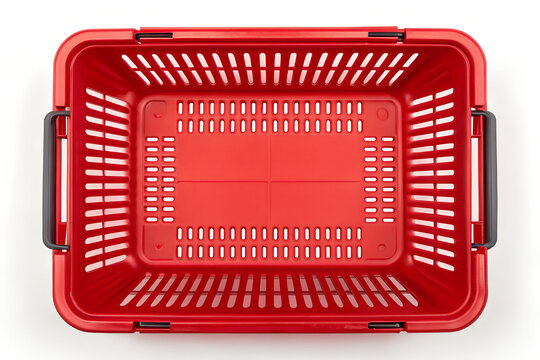 Overhead view of a vibrant red plastic shopping basket on png, shopping basket, red basket, plastic basket, store basket, supermarket basket, shopping container, retail, grocery, market, container