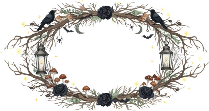 Watercolor halloween wreath with spooky crows bare tree branches vintage lanterns and dark flowers isolated on a white background design