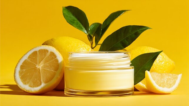 A bright yellow jar of lemon-scented body cream, paired with fresh lemon wedges and leaves