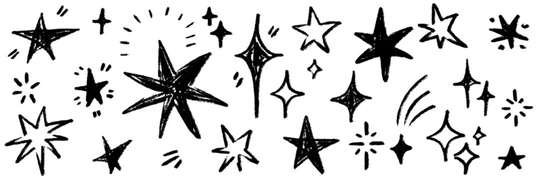 Crayon star figures dance across paper like hand drawn doodles. Chalk and pencil asterisks bloom beside a second star, sketched by a gentle hand with crayon warmth.