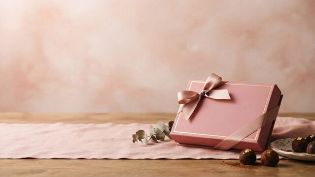 Elegant Pink Gift Box with Chocolate Truffles and Ribbon on Wooden Table with Copy Space