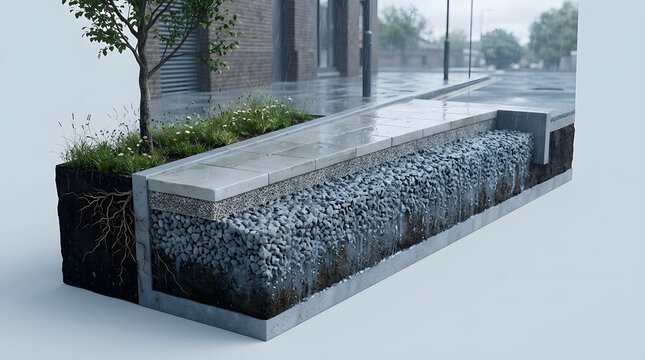 Climate-resilient urban design with green infrastructure, passive cooling, water management and sustainable architecture. AI Generated.