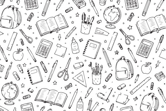 Seamless pattern with hand drawn school supplies and stationery items