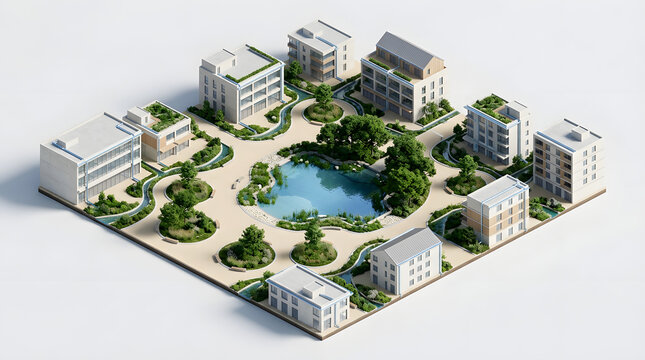 Climate-resilient urban design with green infrastructure, passive cooling, water management and sustainable architecture. AI Generated.