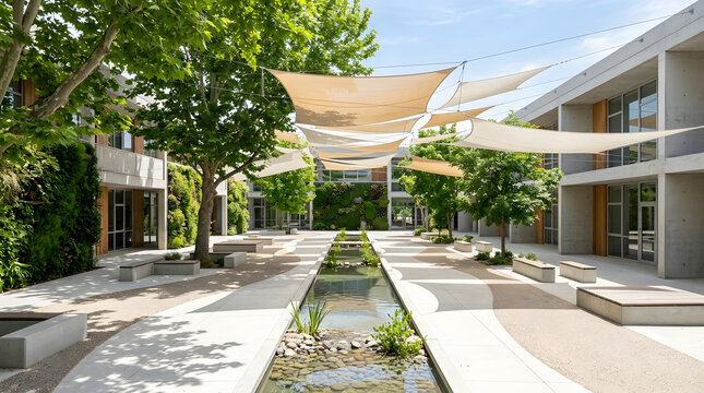 Climate-resilient urban design with green infrastructure, passive cooling, water management and sustainable architecture. AI Generated.