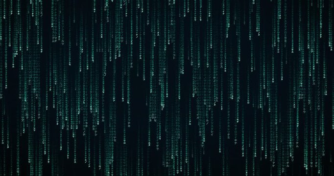 Japanese katakana characters cascade down in a dense, teal-hued code storm animation with layered parallax effect.