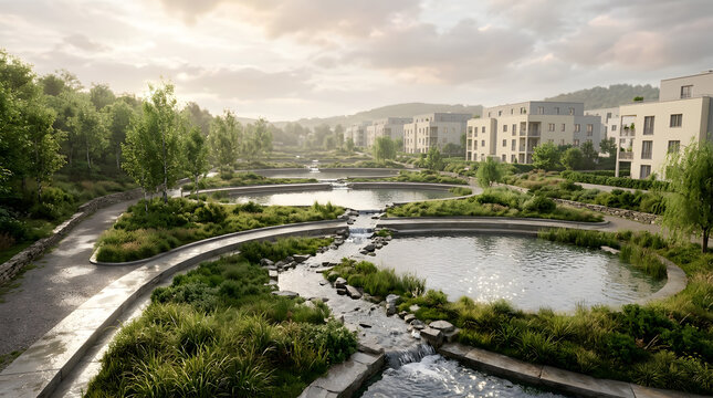 Climate-resilient urban design with green infrastructure, passive cooling, water management and sustainable architecture. AI Generated.