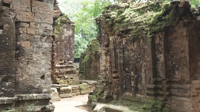 Ancient Stone Corridor Inside Koh Ker Temple Ruins, Cambodia