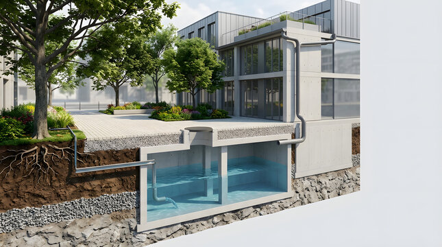 Climate-resilient urban design with green infrastructure, passive cooling, water management and sustainable architecture. AI Generated.