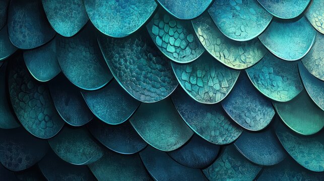 Close-up of textured, overlapping blue-green scales resembling fish or reptile skin with detailed patterns and a metallic sheen.