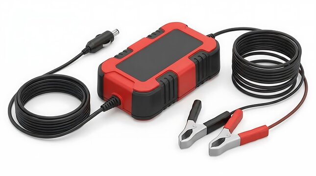 A 12v battery charger with alligator clips and a cigarette lighter plug isolated on a white background, representing automotive maintenance equipment.
