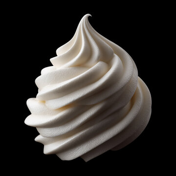 Whipped cream swirls isolated on black background with clipping path, concept of sweetness and indulgence