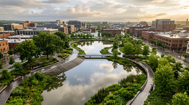 Climate-resilient urban design with green infrastructure, passive cooling, water management and sustainable architecture. AI Generated.