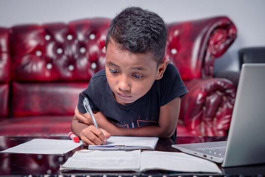 Asian boy focuses on studying using laptop in living room of house