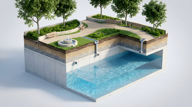 Climate-resilient urban design with green infrastructure, passive cooling, water management and sustainable architecture. AI Generated.
