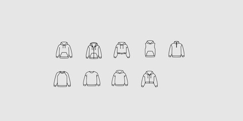 Icon set collection of various hoodies and sweatshirts styles including pullover, zip-up, cropped, and sleeveless in outline vector. © Raka Firdaus 