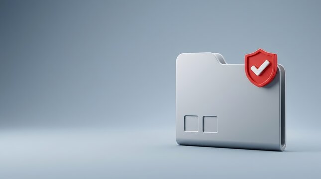 Silver digital folder with red shield and checkmark icon for secure data storage protected file and verified document concept