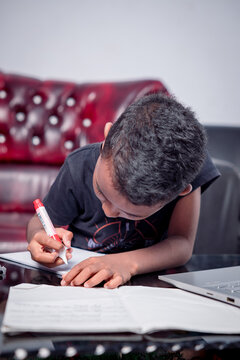 Asian boy focuses on studying using laptop in living room of house
