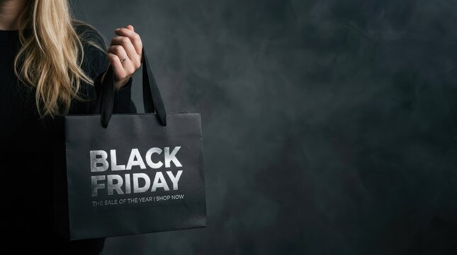 Black friday shopping deals woman holding a black bag with 'black friday' text sale event