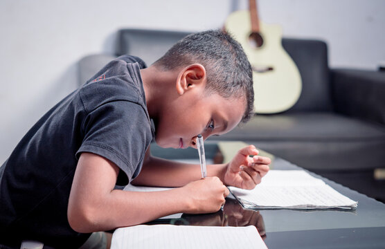 Asian boy focuses on studying using laptop in living room of house