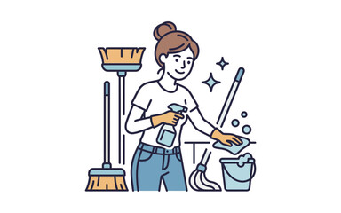 Fototapeta premium Woman Cleaning House Vector Illustration