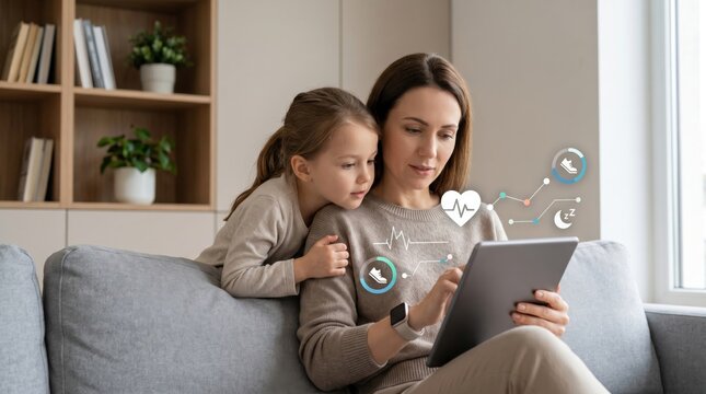 Mother and daughter using tablet for health tracking at home, family wellness monitoring with smart device, healthy lifestyle concept with digital fitness icons and heart rate d...