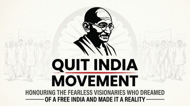 Quit India Movement Day banner featuring Mahatma Gandhi sketch with visionaries and freedom fighters