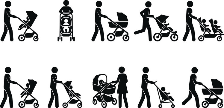 Baby stroller silhouettes collection, parenting and childcare design, family and motherhood concept, black vector illustration of people pushing prams set